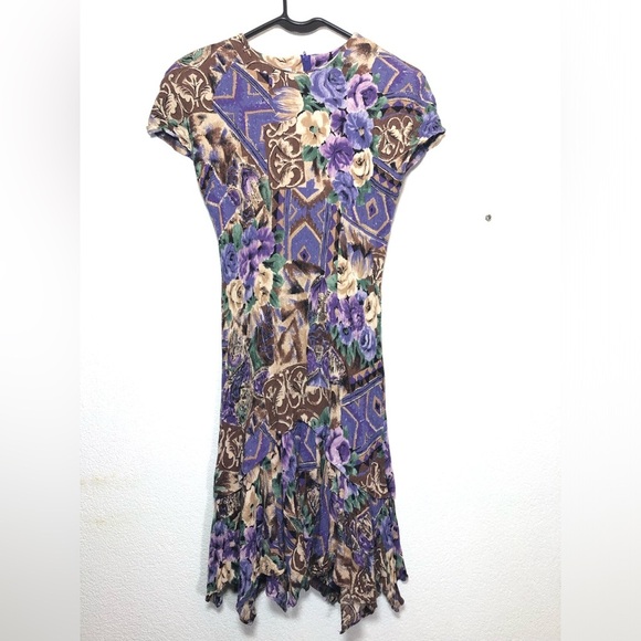 Petite Sophisticate Purple and Brown Floral Midi Dress Crew neck and zipper back - Picture 2 of 13